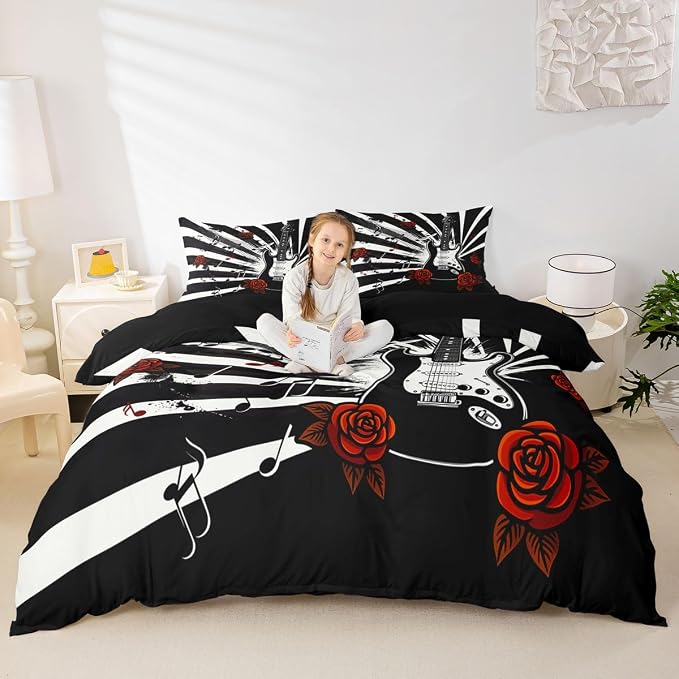 Erosebridal Guitar Comforter Cover Queen Rock Roll Vintage Room Decor Bedding Set Abstract Striped Musical Notes Duvet Cover,Rose Floral Punk Music Bed Set