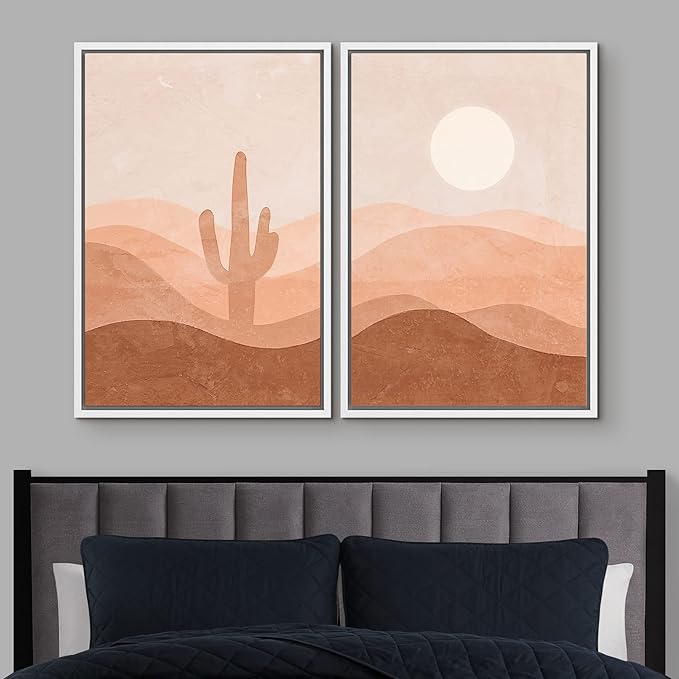 IDEA4WALL Framed Wall Art Print Set Cactus Shining Sun Desert Valley Landscape Wilderness Nature Illustrations Modern Art Boho Graphic Colorful Chic for Living Room, Bedroom, Office - 24"x36"x2 White