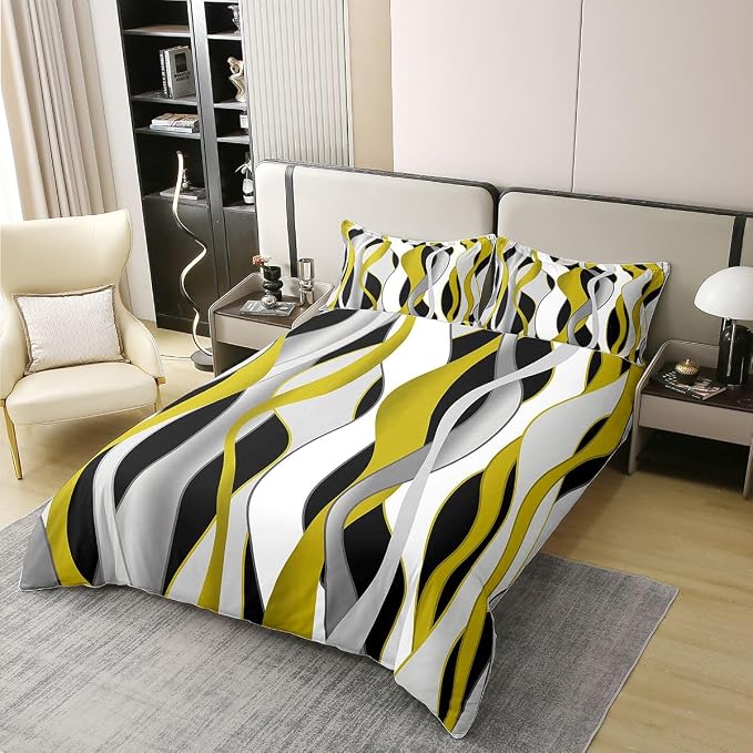 Erosebridal Grey Black Yellow 100% Cotton Duvet Cover King Geometric Striped Abstract Bedding Set for Kids Teens Adults Abstract Wave Stripes Comforter Cover Contemporary Minimalist Bed Set 3 Pcs