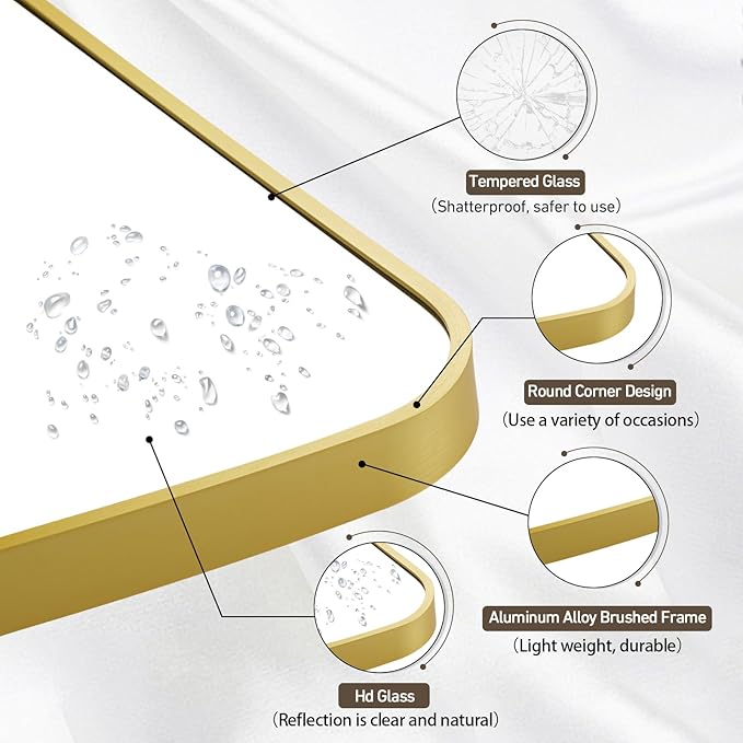 Matte Gold Mirror, 16x20 Inch Brushed Gold Mirror, Aluminum Alloy Framed Vanity Mirror, Rounded Rectangle Bathroom Mirror for Over Sink, Anti-Rust Wall Mirror (Horizontally or Vertically)