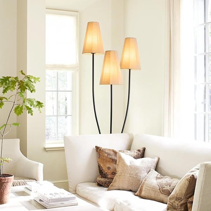 Artistic Vintage Floor Lamp, 3-Light Standing Lamps with Sculptural Curved Iron Base & Octagonal Linen Shades, Statement Lighting for Living Room, Bedroom, Studio