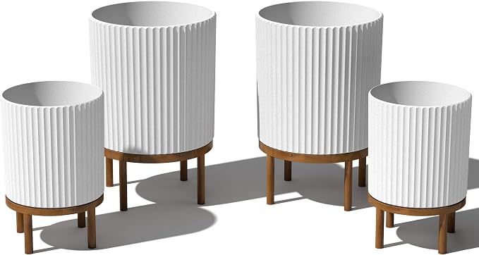 Veradek Demi Series Round Planter w/Stand for Porch/Patio | Durable Plastic-Stone Composite & Wooden Stand | Modern Décor for Tall Plants, Flowers