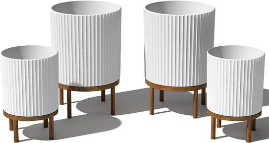 Veradek Demi Series Round Planter w/Stand for Porch/Patio | Durable Plastic-Stone Composite & Wooden Stand | Modern Décor for Tall Plants, Flowers