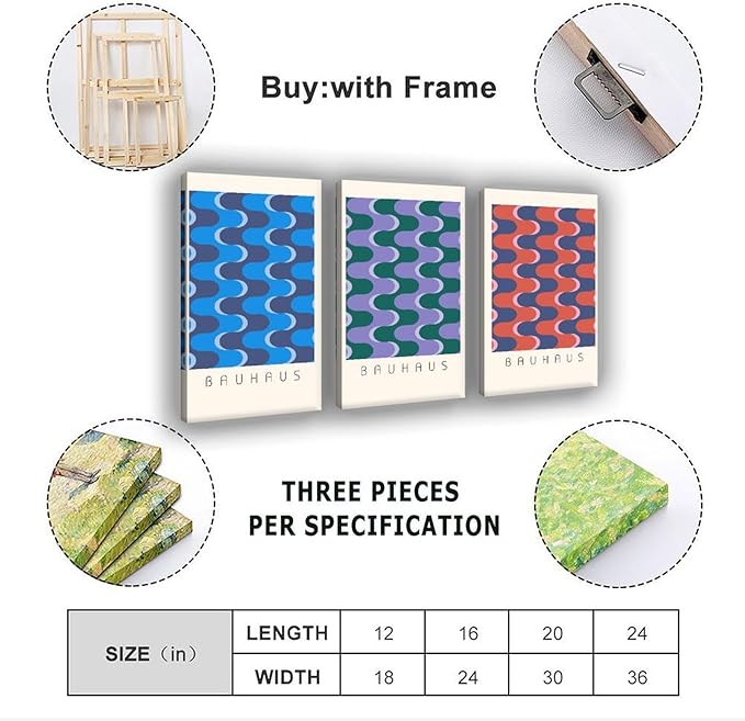 9W Bauhaus Poster Abstract Canvas Wall Art Set of 3 Modern Boho Decor For Bedroom Livingroom Frame-style 16x24inch(40x60cm)