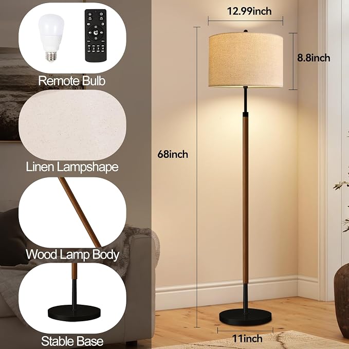 ILLMTW Wood Floor Lamp for Living Room,Bedroom,Vintage Mid Century Modern Standing Lamp with Remote Dimmable,Boho Black Tall Lamp Fabric Lamp Shade Floor Lights Bohemian Tiffany Style
