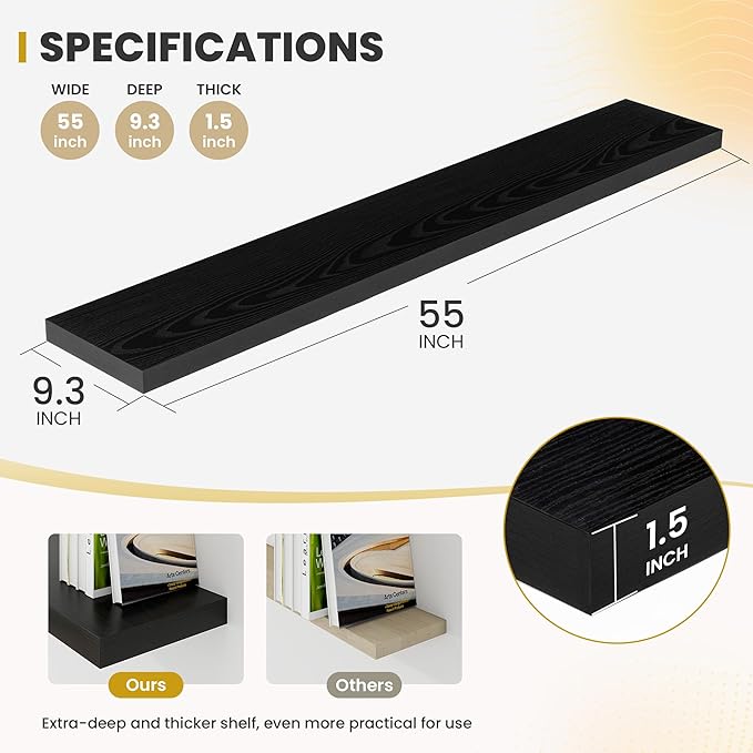 55 Inch Floating Shelves, 9.3" Deep Floating Shelf Wall Mounted, 56" Wall Shelves, Rustic Deep Bookshelf, Large Display Shelves & Storage Shelves for Bedroom, Living Room, Black, Set of 2