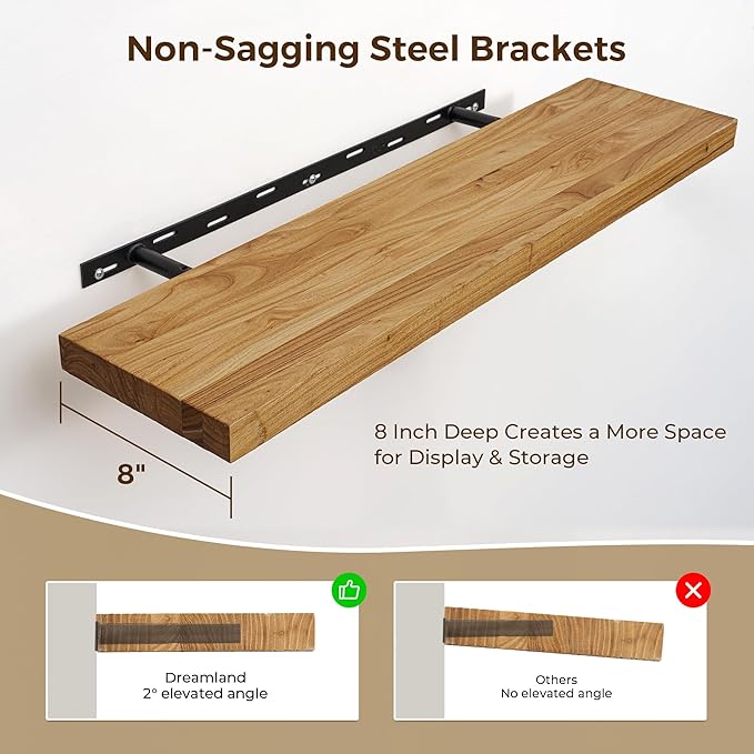 55 Inch Floating Shelves for Wall, Solid Elm Wood Wall Shelf for Home Decor, 8 Inch Deep Floating Shelf for Storage, 55 x 8 Wooden Shelves for Bathroom Living Room Kitchen, Natural Color, Set of 1