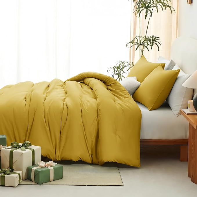 CozyLux Full Size Comforter Set Mustard Yellow, 3 Pieces Lightweight Down Alternative Quilted Bedding Sets, All Season Soft Breathable Solid Comforter with 2 Pillowcases, Luxury Bed Set Gift for Home