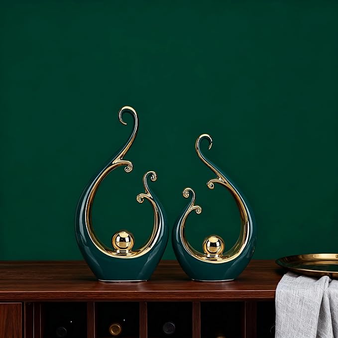 DOVDOV Green and Gold Home Decor, Abstract Ceramic 2-Piece Sculpture Set, Modern mid-Century Art Statues, Perfect for Accent Tables, countertops, Coffee Tables, and entryway Decor.