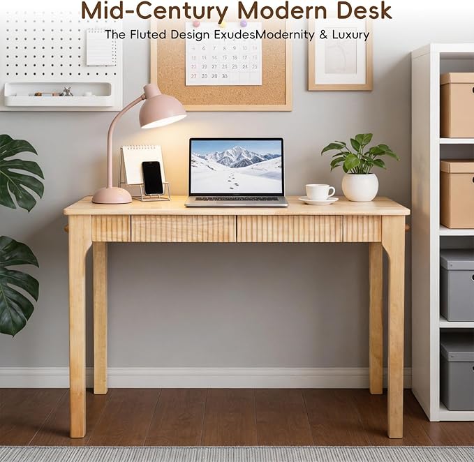 100% Solid Wood Desk with Drawers, Small Home Office Writing Wooden Desk, Vintage Wood Desk for Small Spaces, Bedroom, Work Study Computer Table with Fluted Design and Hooks (Natural)
