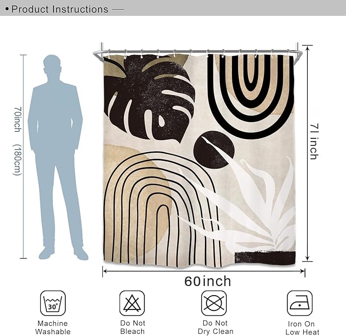 Miyotaa Abstract Black Tan Minimalist Shower Curtain Set 60Wx71H Inches Mid Century Aesthetic Modern Contemporary Plant Leaves Neutral Monstera Waterproof Bathroom Curtain with 12 Hooks