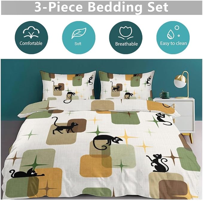 Retro Black Cat Bedding Set,Mid Century 1950s 1960s Abstract Atomic Colorful Geometric Pattern Modern Comforter Set with Pillowcase for Bedroom Bed Decor,Full 79"x90"