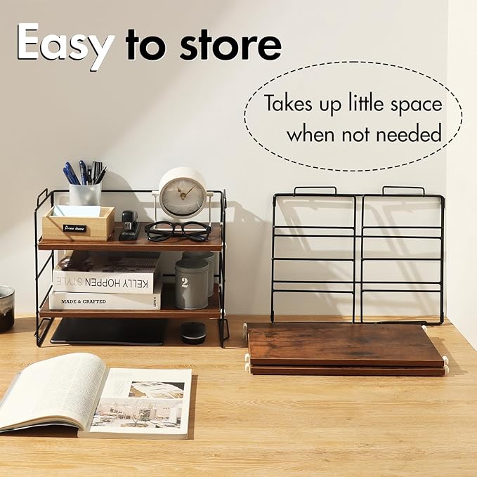 KATHY&BOB Wood Desk Shelf Organizer, 2-Tier Desktop Supplies Storage Rack, Adjustable Stackable Desk Shelf for Office, Kitchen, Bathroom, 15.75"*12.2"*7.87" (2 Sets)