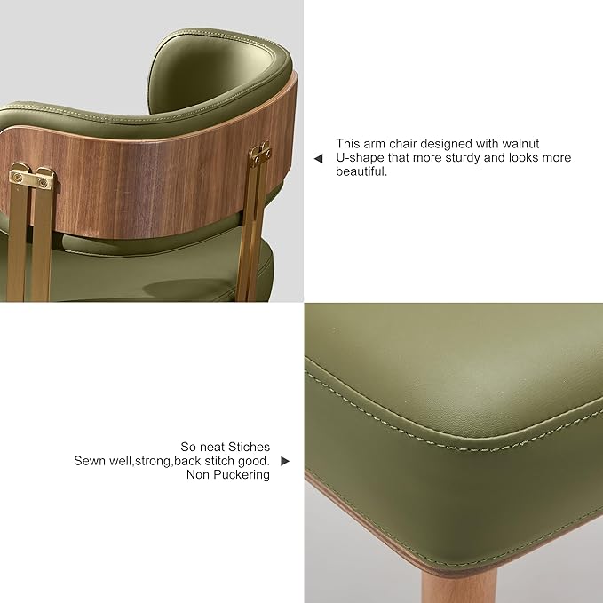 Modern Upholstered Leather Dining Chairs Set Of 2 with High-Resilience Foam Cushion, Walnut Wood Veneer&Gold Metal Legs, 22Lx20.5Wx28.3Hin, Anti-Slip Kitchen Chairs for Dining Room,AdvocadoGreen