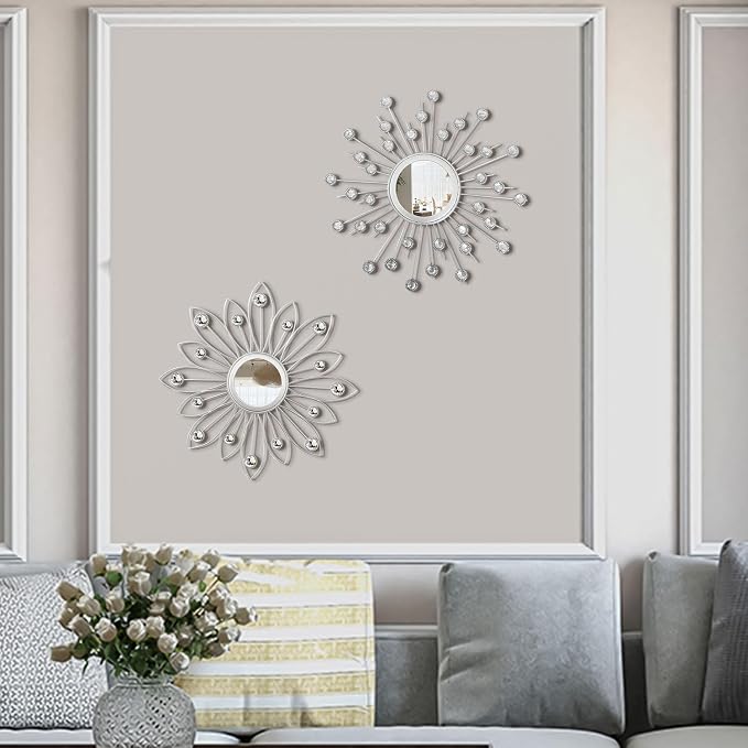 2 Pack Metal Mirrors for Wall Boho Sunburst Wall Mirror Home Decor Modern Decorative Wall Art for Bedroom Living Room Entryway