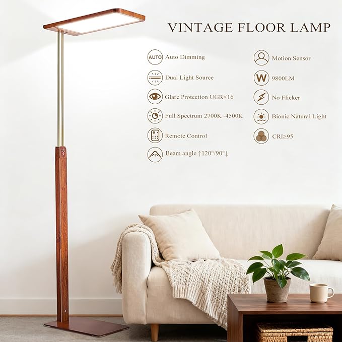 STERREN Vintage Farmhouse Industrial Floor Lamp, 76'' Full Spectrum Eye-Care Height Adjustable Reading Lamp, 2700K-5000K Dimmable Office LED Light for Study Room, Meeting Room, Mahogany