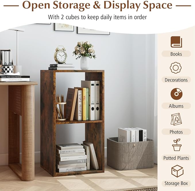 Tangkula 2-Cube Bookcase, 3-Tier Bookshelf with Open Compartments, Freestanding Cube Storage Organizer with Anti-Toppling Kits, Modern Display Shelf for Living Room, Study (1, Rustic Brown, 2-Cube)