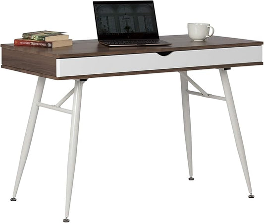 Calico Designs Alcove Modern Desk with Large Split Drawer Storage, White/Chestnut