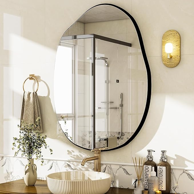 HARRITPURE Irregular Wall Mirror 22"x32" Black Asymmetrical Bathroom Mirror Wood Framed Modern Decorative Vanity Mirrors for Bedroom Living Room Entryway