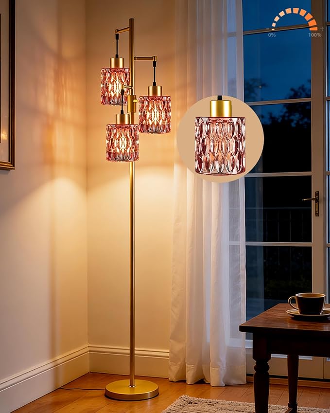 3-Light Modern Glass Floor Lamp, Gold Standing Tall Lamp with Deep Red Cylinder Glass Shade for Reading, Dimmable LED Floor Lamp with 5Lbs Heavy Base for Living Room Bedroom Home Decor, Bulb Included