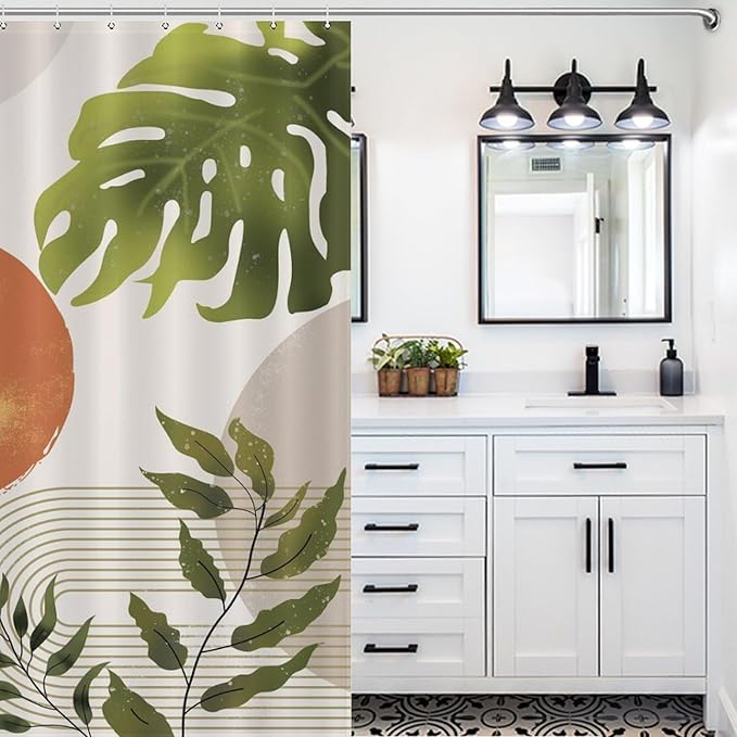 Boho Green Shower Curtain,Mid Century Tropical Plant Palm Leaves Abstract Minimalist Geometic Boho Modern Waterproof Fabric Bathroom Shower Curtain Set with Hooks,72x84Inch