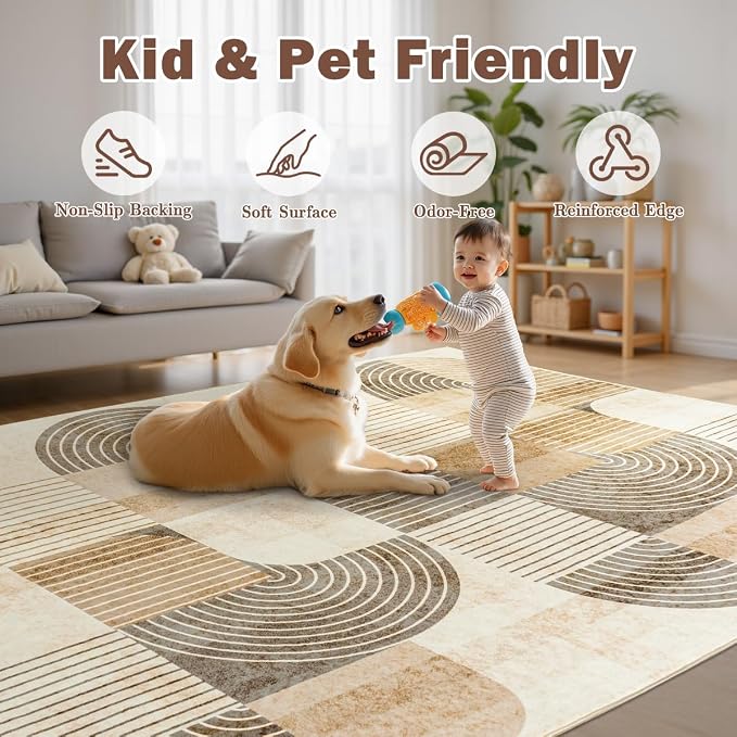 Area Rugs for Bedroom Living Room 4x6 - Soft Beige Mid Century Modern Rug, Washable Non-Slip Indoor Floor Mat Abstract Neutral Carpet for Dining Room Nursery Office Home