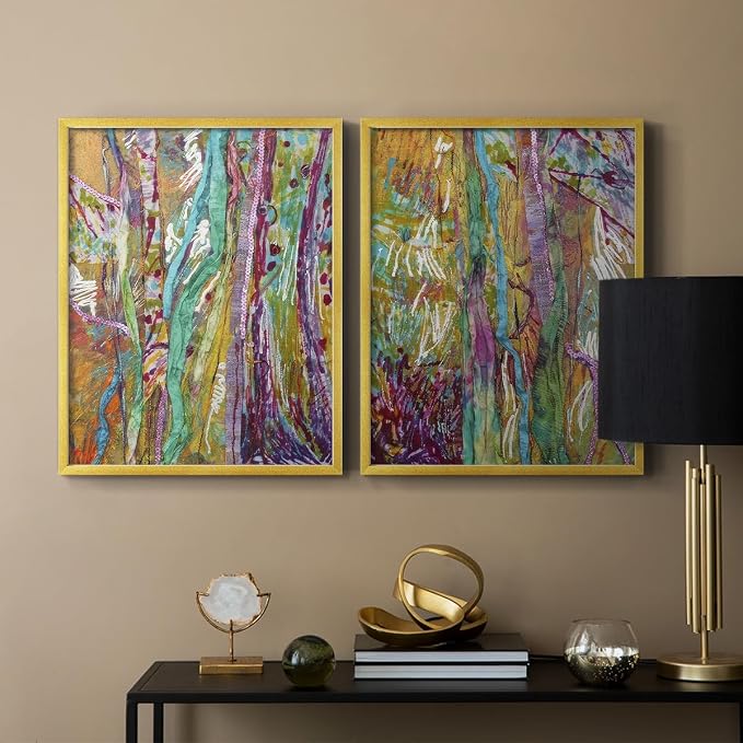 Renditions Gallery Set of 2 Peel & Stick Framed Prints, Modern Abstract Wall Art, Colorful Artistic Painting Wall Decor, Re-Stickable - Ready to Hang - 22"x28" - GOLD Frame LT588