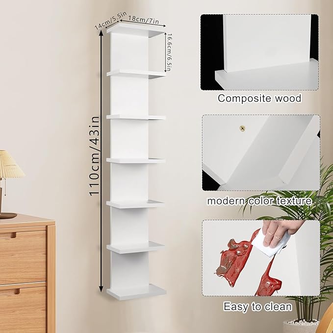 2 Pack 7 Tier Wall Shelf Unit - Lack Floating Shelf, Compact Display Floating Shelf, Vertical Column Wall Decor Mount Floating Storage Organizer Tall Tower Shelf for Bedrooms, Living Rooms