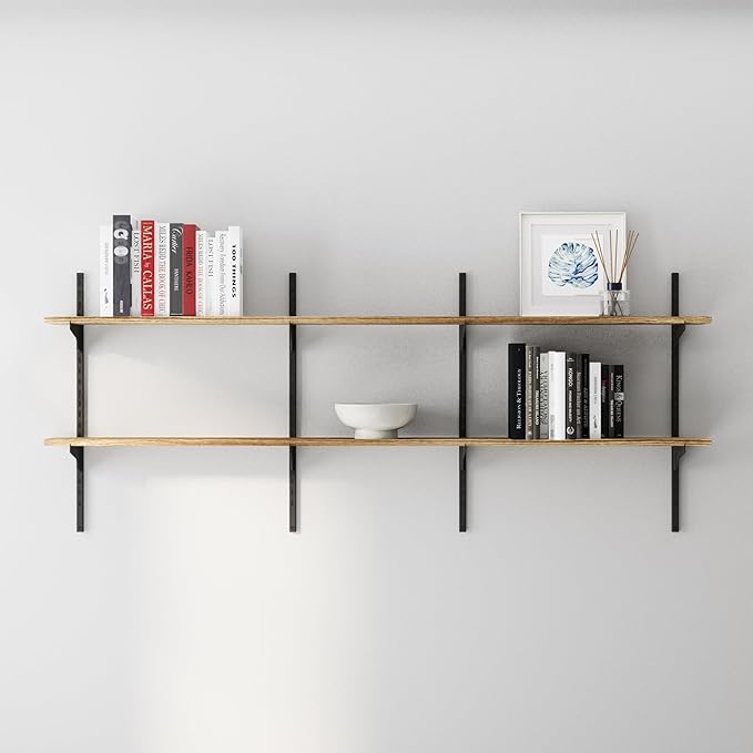 Wallniture Turin 60 Inch Floating Shelf, Adjustable Wall Shelves, Wood Shelving, Wooden Floating Shelves, Wall Mounted Bookshelf, Storage for Living Room, Kitchen, Office, 2 Tier, Burnt Finish