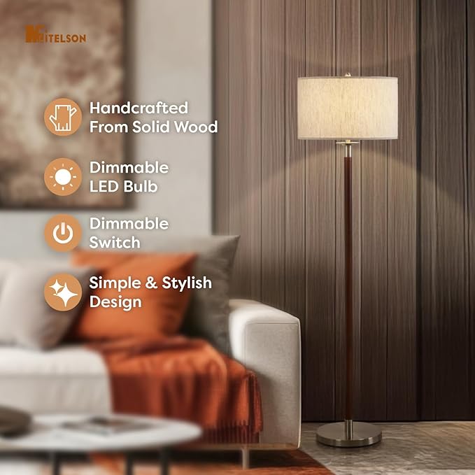 Floor Lamp, Modern Lamp with Dimmer Switch and Bulb, Mid Century Lamp with Linen Shade, Great Living Room Décor, Tall Lamp, Standing Lamp for Bedroom and Office, Walnut Wood Finish