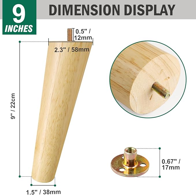 FoDau770 Rubber Wood Furniture Legs 9 Inches, Slant Tapered Wood Feet Mid Century Sofa Legs Set of 4, 5/16" UNC Furniture Feet Replacement Parts for Cabinet Couch Dresser Chair Ottoman Table