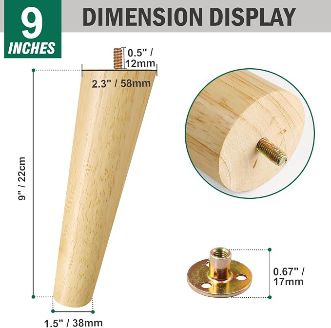 FoDau770 Rubber Wood Furniture Legs 9 Inches, Slant Tapered Wood Feet Mid Century Sofa Legs Set of 4, 5/16" UNC Furniture Feet Replacement Parts for Cabinet Couch Dresser Chair Ottoman Table