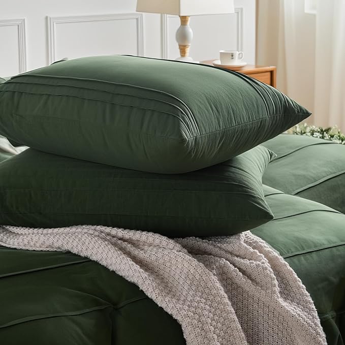 NEXHOME PRO 100% Organic Cotton Duvet Cover Super King Size, Linen Like Pleated Textured Forest Green Duvet Cover Set, 3pc Bedding Set with Zipper Closure, Soft,108"x98", No Comforter