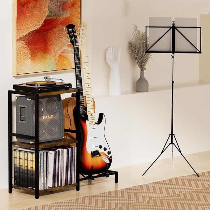 YAKANJ End Table with Guitar Stand,Record Player Stand,Vinyl Records Storage,2-Tier Guitar Stand for Acoustic,Turntable Stand for Music Studio-Brown