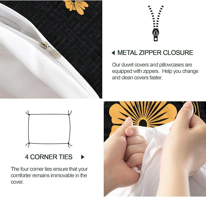 Blossoms Floral Duvet Cover Oversized King, Vintage Greek Key Meander Bedding Set 3 Piece, Luxury Black Gold Patterned Comforter Cover with Zipper Soft Microfiber, 2 Pillowcases