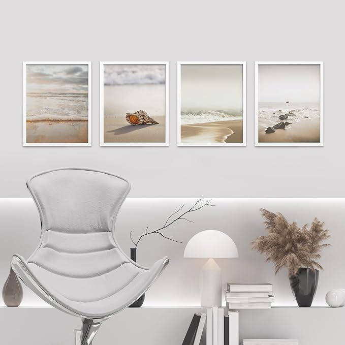 SIGNWIN Framed White Minimal Beach Shore Ocean Sea Seashell Wall Art, Set of 4 Landscape Colorful Wall Decor Prints, Nature Wilderness Wall Décor for Living Room, Bedroom - 12"x16" White