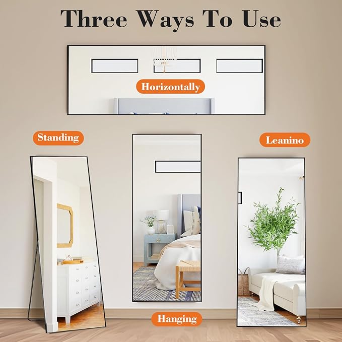 OLIXIS Black Full Length Mirror 60"x16" for Bedroom, Full Body Floor Mirror with Stand, Hanging or Leaning for Wall, Aluminum Alloy Thin Frame Floor Standing for Living Room, Long