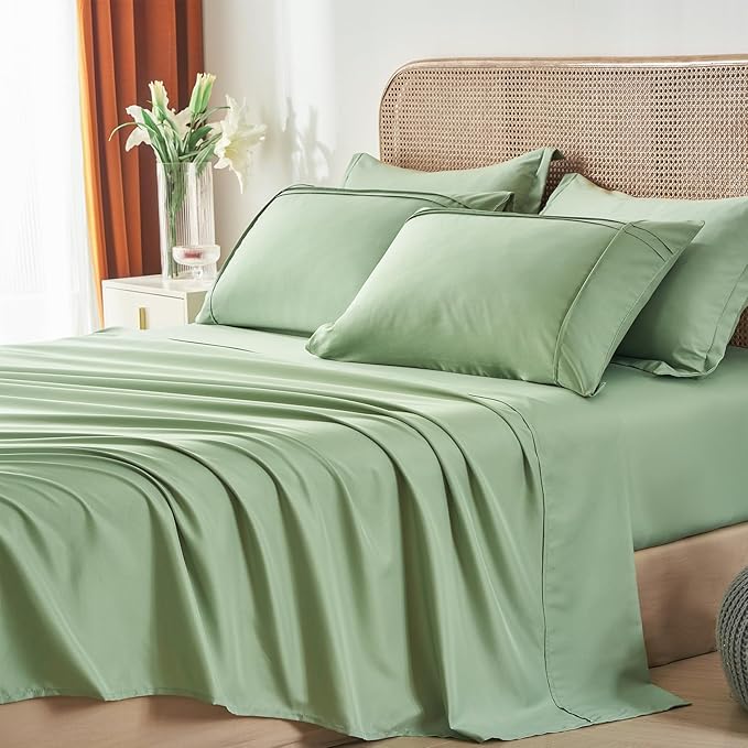 Yogeneg Queen Comforter Set 7 Piece Bed in a Bag,Grid Pinch Pleat Sage Green Bedding Set,Striped Textured Soft Microfiber Comforter with Sheet Set,All Season Complete Bed Set(Sage Green,Queen)