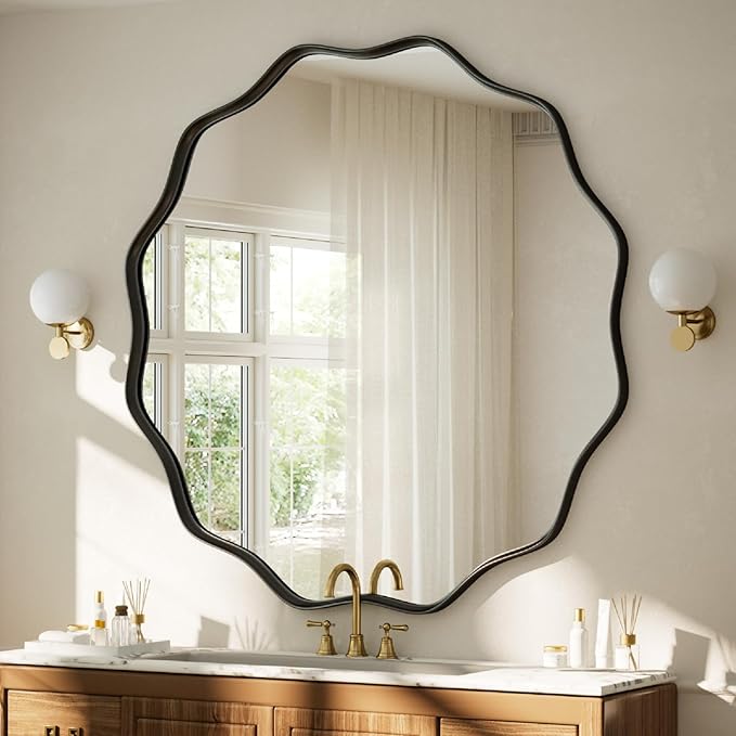 VooBang Black Scalloped Large Circle Mirror, 42" Wavy Edge Round Wall Mirror with Tempered Glass Textured Circular Metal Deep Frame, Hanging Leaning for Bathroom, Hallway, Entryway, Livng Room