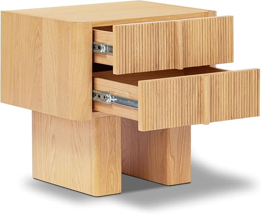 Poly & Bark Toledo 22” Nightstand – Solid and Veneered American White Oak Construction with Ribbed Drawer Fronts and Soft‑Close Drawers – Textural Modern Bedside Table for Stylish Bedrooms