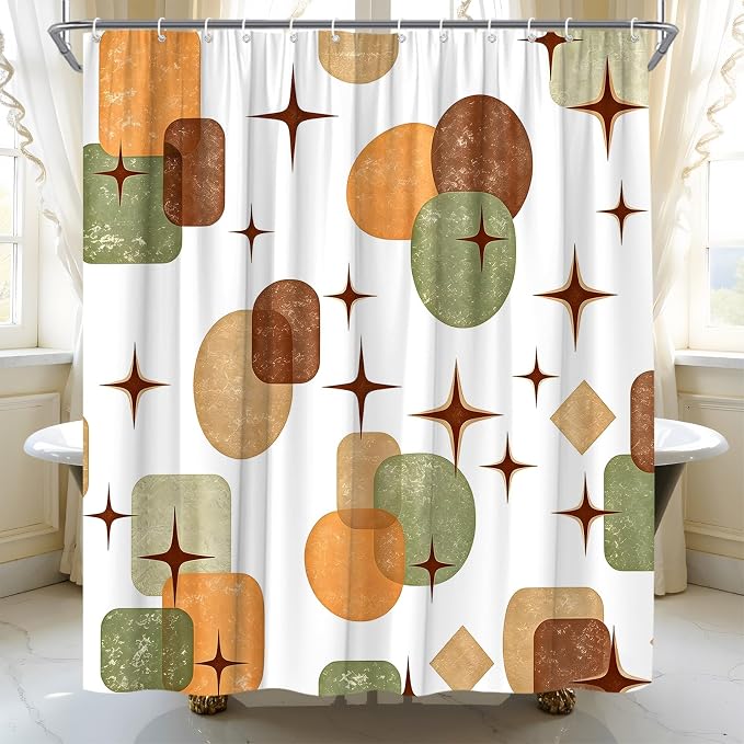 Boho Mid Century Shower Curtain Retro Abstract Geometric Shapes with Starburst Sage Green Beige and Terracotta Fabric Bath Curtain Polyester Bathroom Decor with Hooks (72"X84")