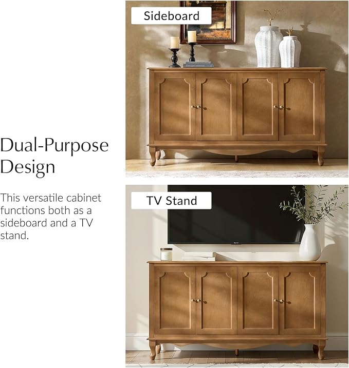 HULALA HOME Sideboard Buffet Cabinet with Storage, 58" Kitchen farmhouse Wood Credenza Storage Cabinet with 4 Doors and 2 Shelves, Accent Console Table with Solid Wood Legs & Adjustable Shelves, Acorn