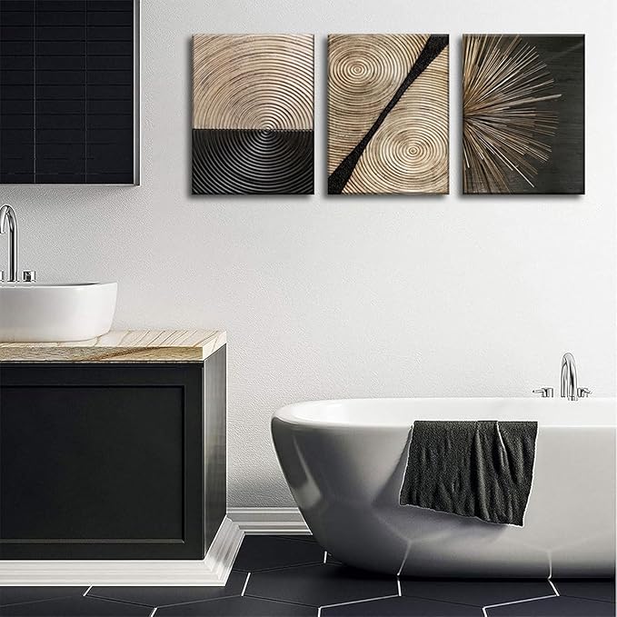 3Pcs Retro Wood grain Abstract Canvas Wall Art Minimalist Black Golden Line Texture Wall Decor Pictures Neutral Geometric Beige Brown Poster Prints for Living Room Bedroom Home Decoration 16x24in