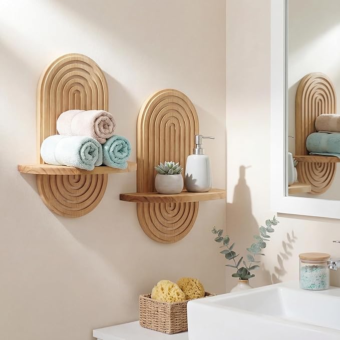Set of 2 Boho Arched Floating Shelves 15.7”x 7.8”3D Wooden Hanging Shelf for Living Room Bedroom Nursery Mid Century Modern Wall Decor(Brown, 11.7 * 15.7)