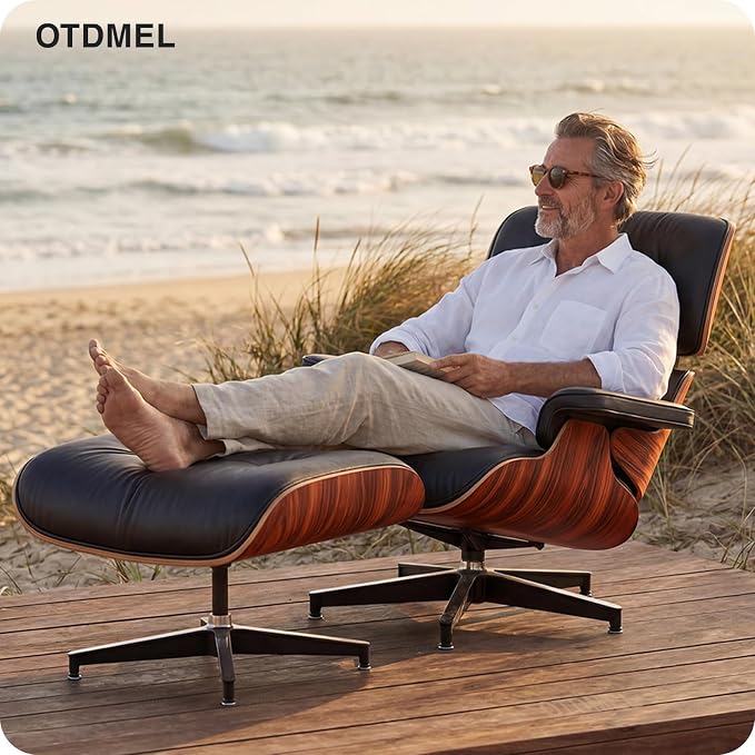 Luxury Top Grain Leather Mid Century Chaise Lounge Chair with Ottoman, Heavy Duty Base Support, Reading Chair, Modern Arm Chair, Leather Accent Chair for Living Room and Office, Rosewood