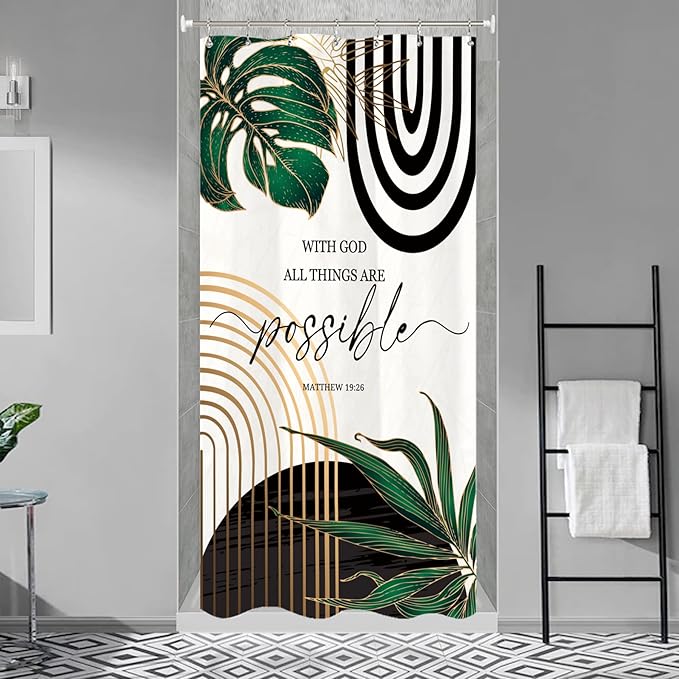 Miyotaa Stall Abstract Shower Curtain Set 36Wx71H Inches Modern Half Small Minimalist Aesthetic Bible Quotes Inspirational Contemporary Plant Leaves Tiny Bathroom Curtain with 12 Hooks