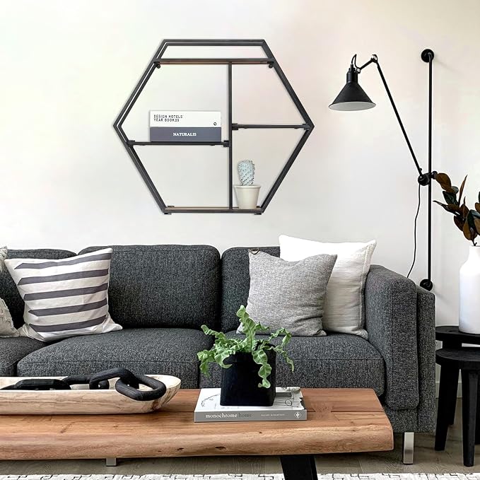 Industrial Style Hexagon-Shaped Wall Shelves, 3 Tier Decorative Floating Ledge Shelves, Wall Mounted Metal Bracket Wooden Display Hanging Shelf