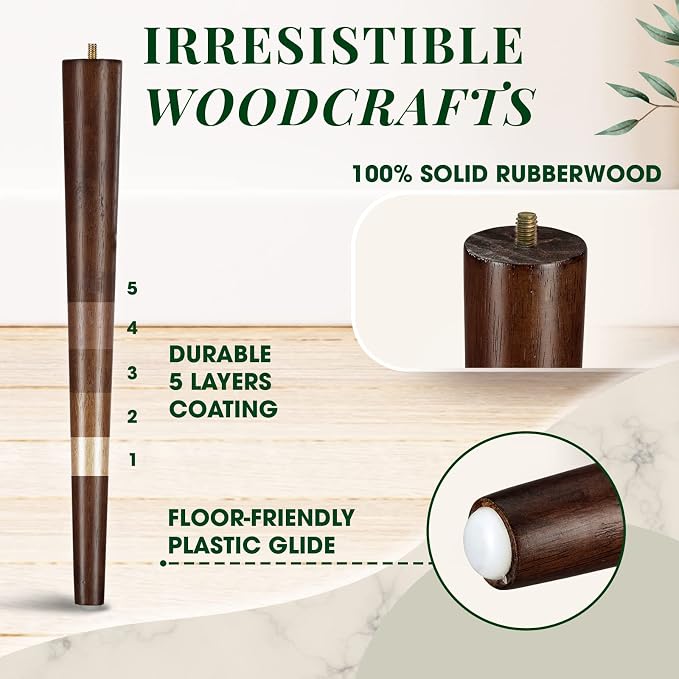 Yes4All Round Brown Wood Table Legs 16 Inches - Mid Century Replacement Feet for Coffee Table, End Table - Stable Rubber Wood Parts for Nightstand with Glides, Walnut, Set of 4