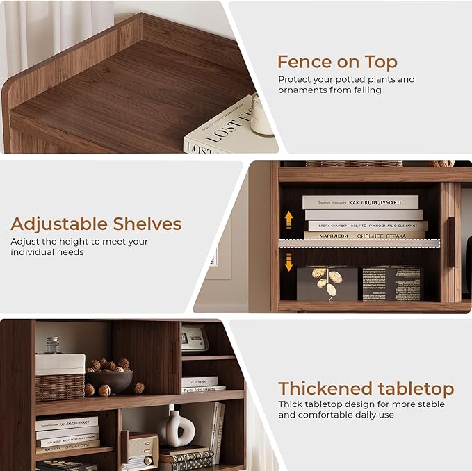 Mid-Century Modern Buffet Sideboard Cabinet with Outlet, 44" Sideboard Buffet Cabinet with Sliding Door & Adjustable Shelves, Fluted Accent Coffee Bar Console Table with Wooden Feet, Walnut
