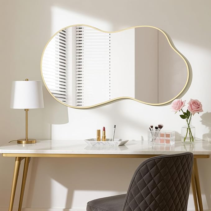 HOMECOOKIN 46" H x 26" W Irregular Wall Mirror, Asymmetrical Decorative Mirror with Gold Aluminum Frame, Wavy Abstract Gold Mirror, for Living Room, Bedroom, Bathroom, Entryway, Cloakroom